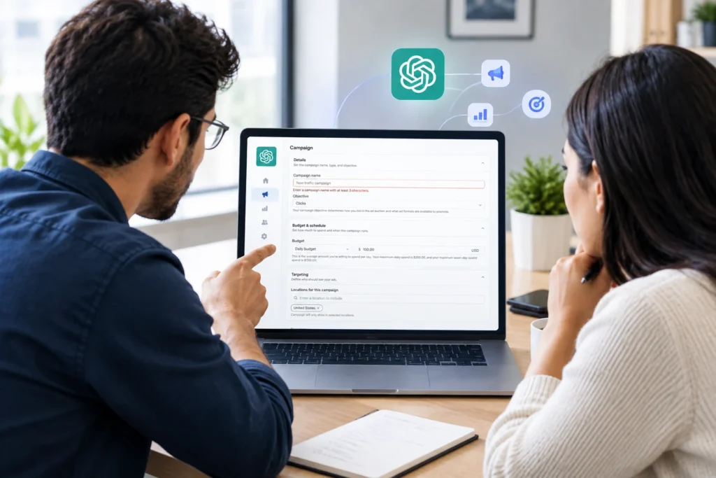 Two professionals discussing ChatGPT Ads campaign