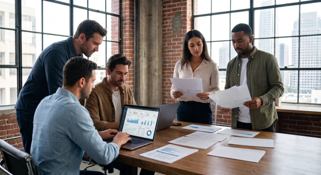 A group of marketing professionals reviewing ChatGPT ads agencies.
