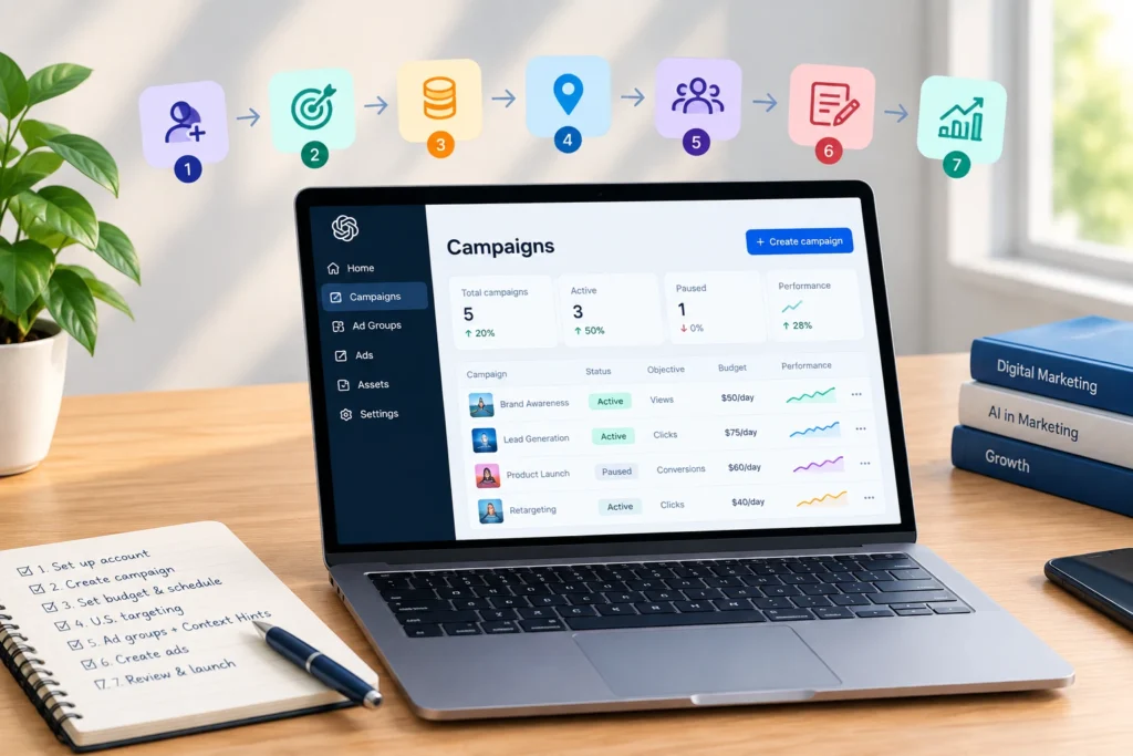 ChatGPT Ads campaign setup with seven steps in Ads Manager