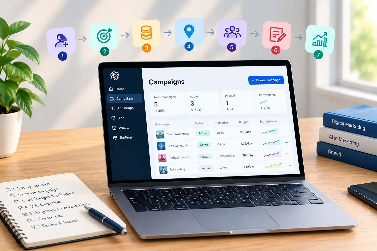 ChatGPT Ads campaign setup with seven steps in Ads Manager