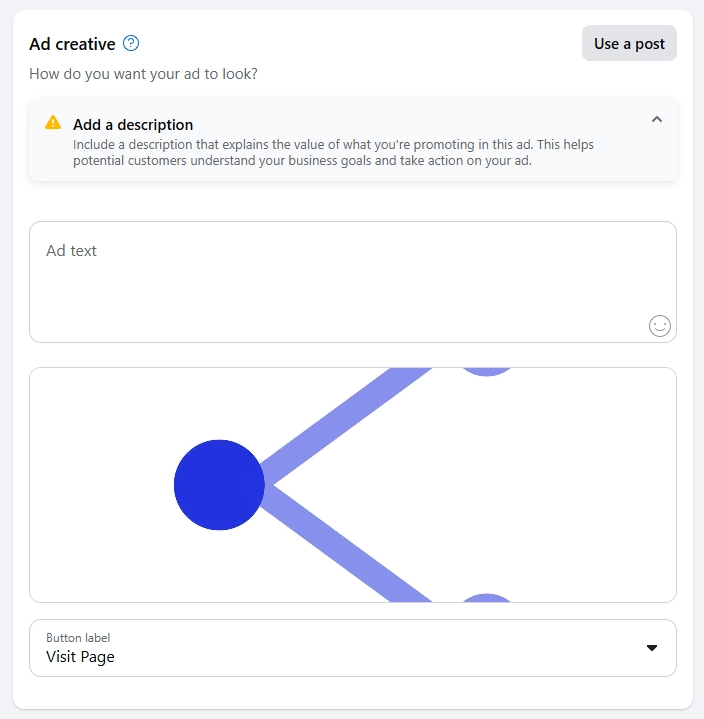 How to boost a post on Facebook: Ad Creative screen with Add a description field, Ad text box, and CTA options