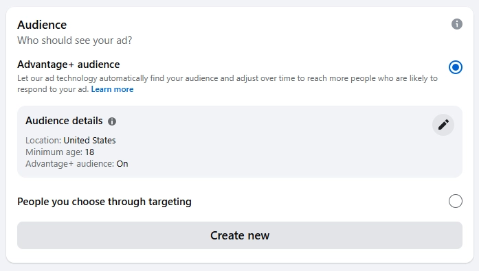 How to boost a post on Facebook: Audience screen with Advantage+ audience and People You Choose Through Targeting options, showing audience details for location, minimum age, and Advantage+ setting.
