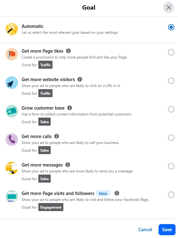 How to boost a post on Facebook: Goal selection screen showing Automatic, Get more Page likes, Get more website visitors, Grow customer base, Get more calls, Get more messages, and Get more Page visits and followers options