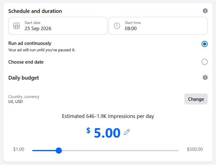 How to boost a post on Facebook: Schedule and Duration screen showing start date, start time, Run ad continuously option, daily budget slider, and estimated impressions per day