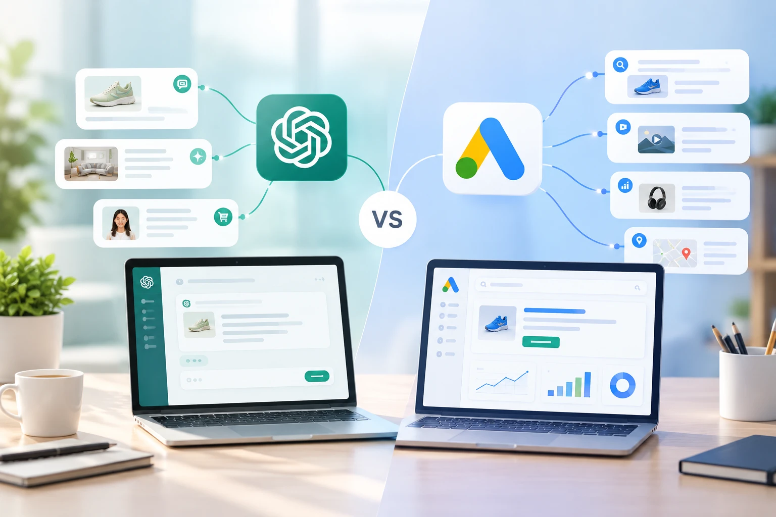 ChatGPT Ads vs Google Ads comparison showing AI chat recommendations and search ad results side by side